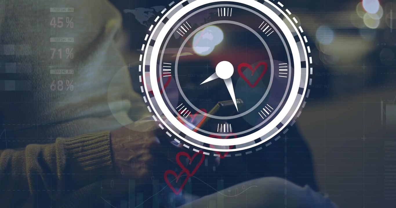 Animation of moving clock and data processing over african american man using smartphone