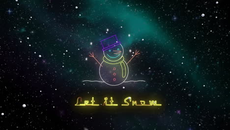 animation of let it snow text over snowman in winter scenery background