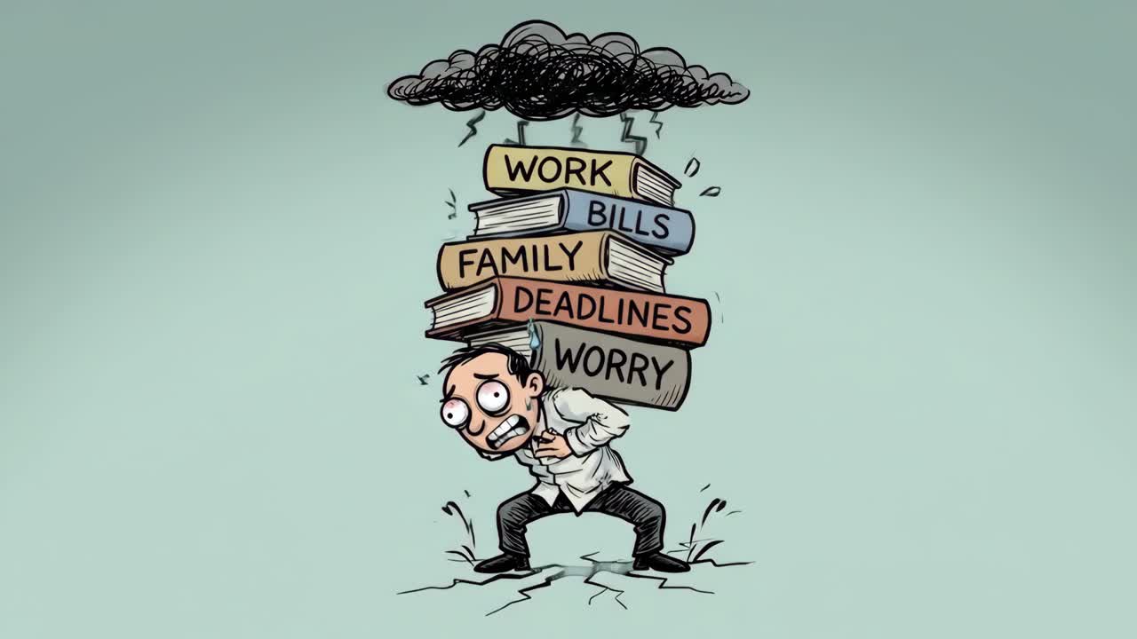 Animated Man Overwhelmed by Work, Bills, and Life Responsibilities