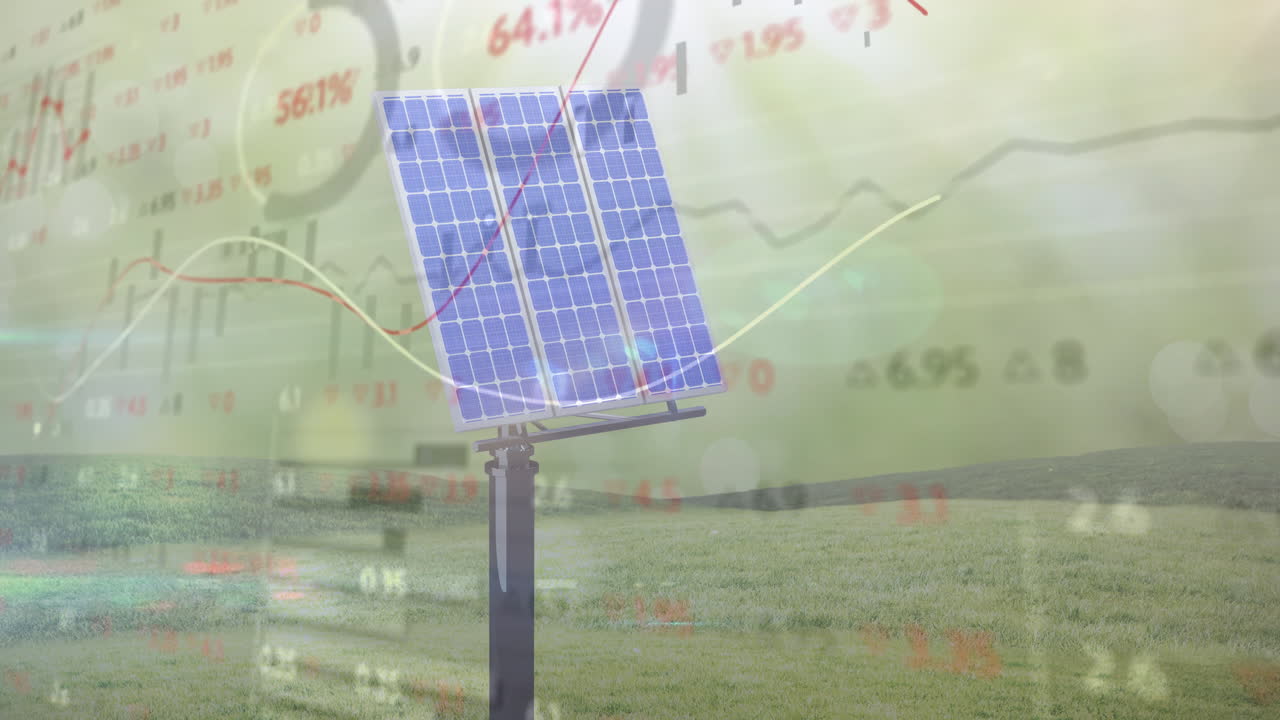 Solar panel projecting financial charts and data across grassy meadow hills in flat design
