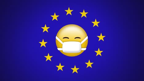 Gelbe-Sterne-Drehen-Sich-über-Gesichtsmasken-Emoji-Vor-Blauem-Hintergrund