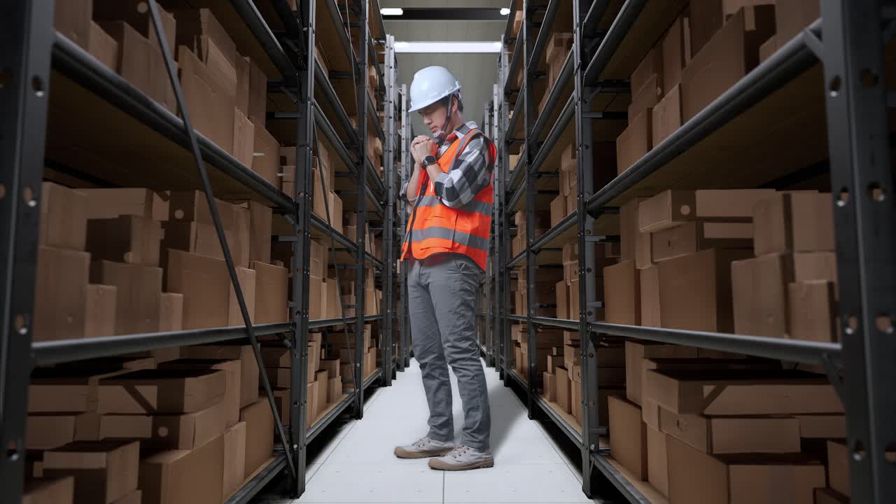 vista lateral del cuerpo completo del ingeniero masculino asiático con casco de seguridad reza por algo mientras está de pie en el almacén con estantes llenos de mercancías de entrega
