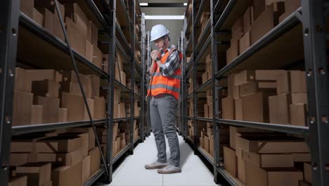 vista lateral del cuerpo completo del ingeniero masculino asiático con casco de seguridad reza por algo mientras está de pie en el almacén con estantes llenos de mercancías de entrega