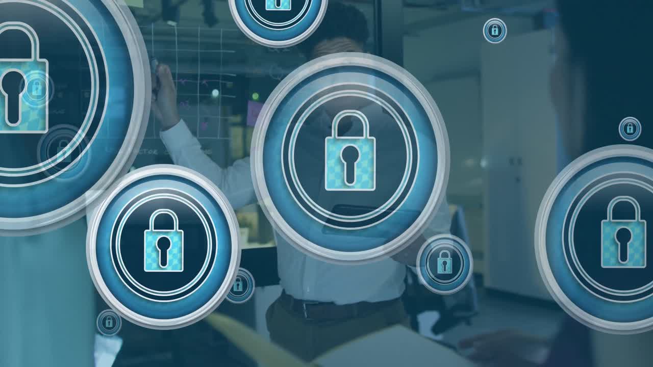 Animation of padlock icons and data processing over biracial businessman