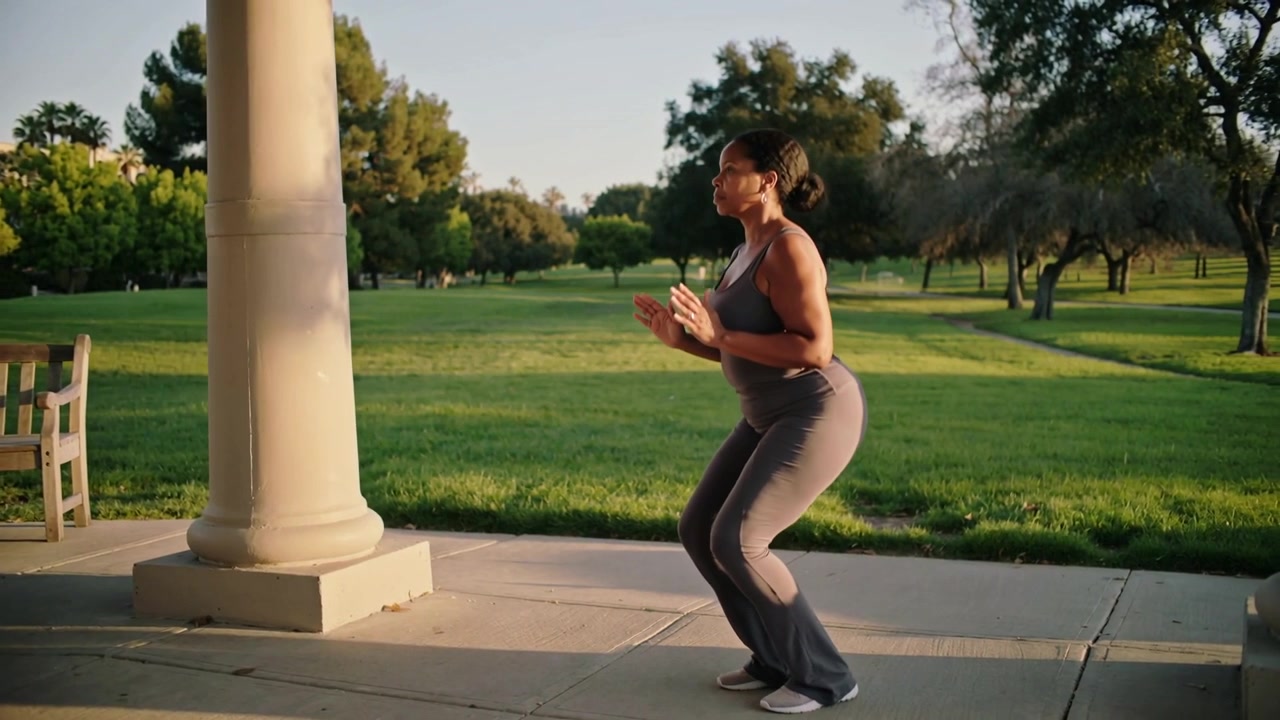 Starting workout, woman in gray tank and pants doing squats beside column in park building strength