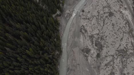 establishing aerial shot of a mountain dried creek surrounded by a pine tree forest, tilt-up, conservation concept