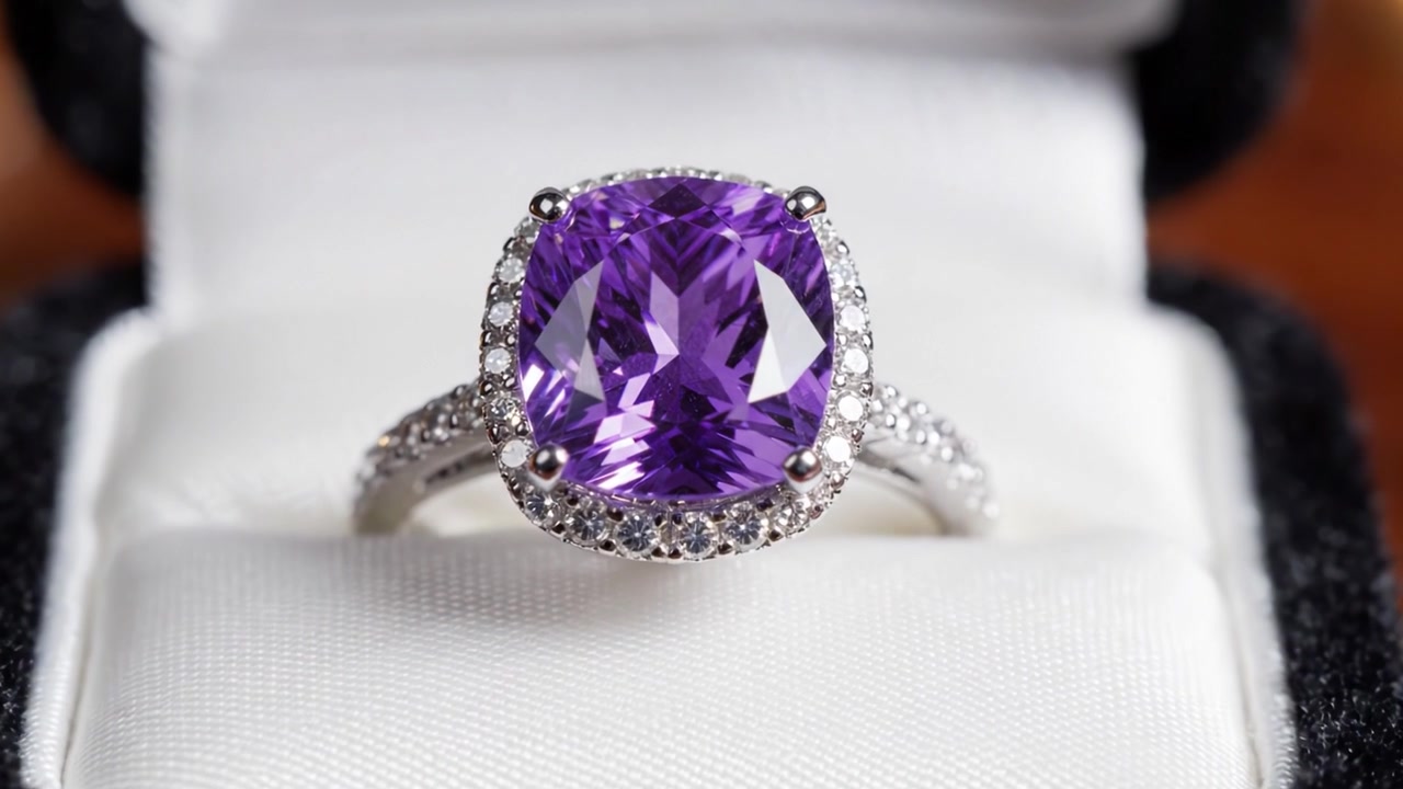 Un radioso anello di fidanzamento con gemma viola scintilla dalla sua elegante scatola di gioielli, circondato da un bagliore soffuso e luci bokeh romantiche sullo sfondo