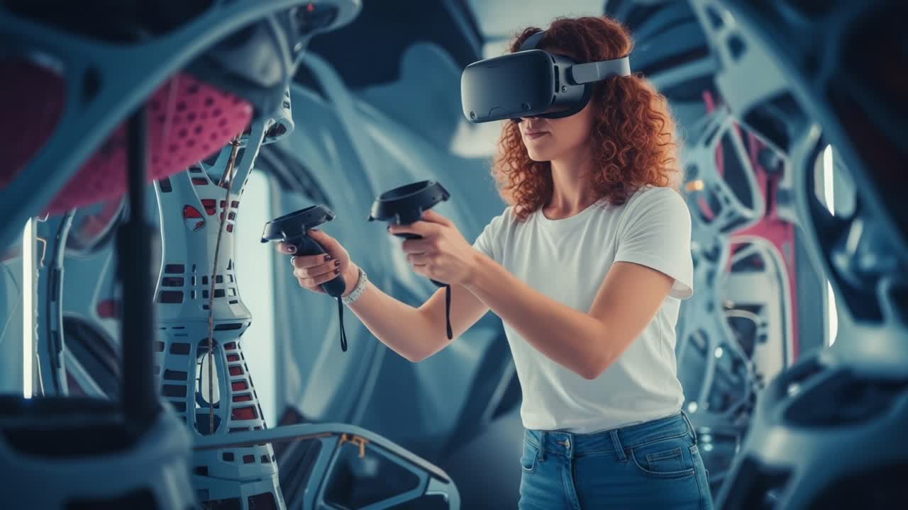 A young woman immersed in a virtual reality experience, holding controllers and exploring a futuristic, high-tech environment designed for interactive gaming