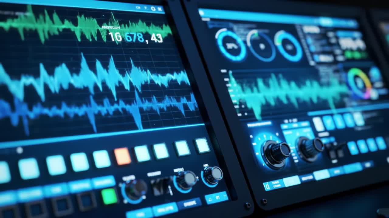 This clip showcases a high-tech audio interface used for sound mixing in a professional studio. Various audio waves and controls are visible, highlighting intricate sound design.
