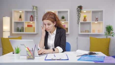 home office worker woman has visual impairment problem.