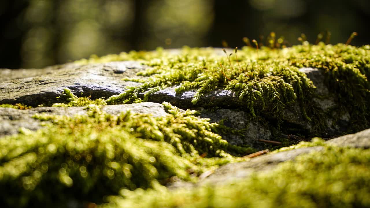 Fotocamera con messa a fuoco variabile che rivela una roccia coperta di muschio sul suolo della foresta, evidenziando gli steli degli sporofiti