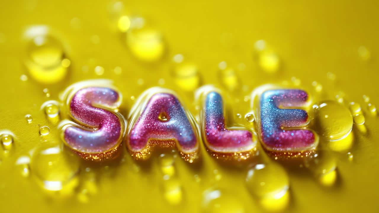 Vibrant and Eye-Catching Sale Promotion with Glossy Letters and Water Droplets on a Bright Yellow Background Highlights the Excitement of Shopping Discounts
