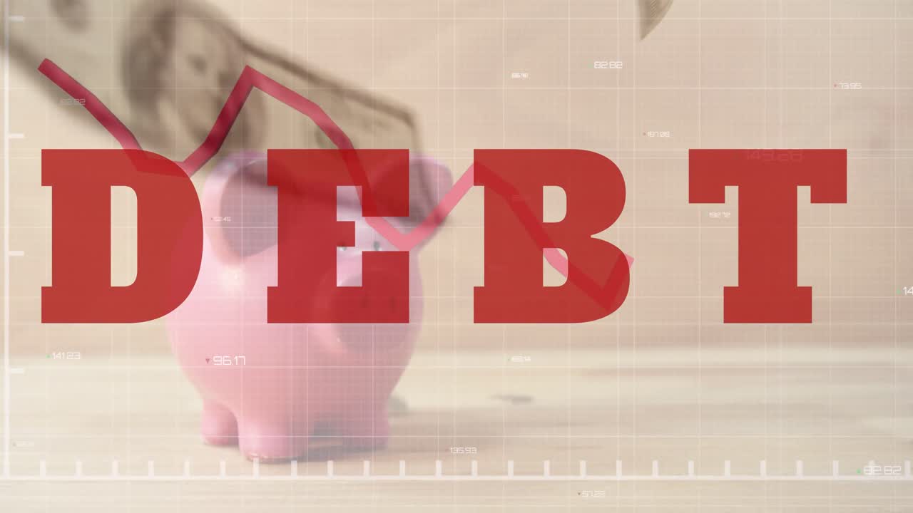 texto dept y gráfico rojo moviéndose billetes de dólares estadounidenses y centavos cayendo