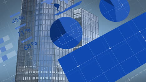 animation of blue colored infographic interface over modern buildings against sky