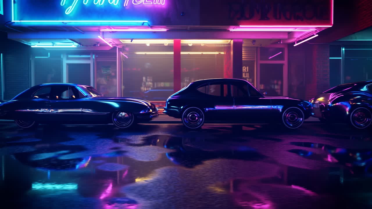 Strada illuminata al neon con auto d'epoca, coupé nere lucide parcheggiate sotto insegne magenta e blu, pozzanghera.