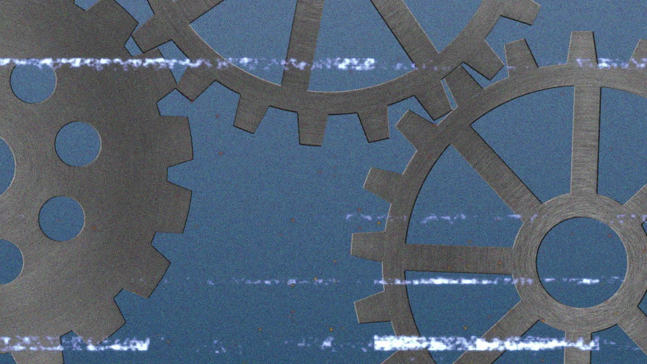 Interlocking metal gears with animation glitch effect over blue background