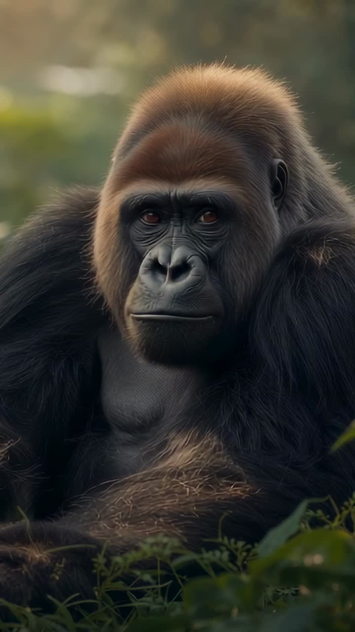 Video verticale: gorilla adulto che alza la testa e inclina lo sguardo verso la camera in una foresta, con una macchia sul petto