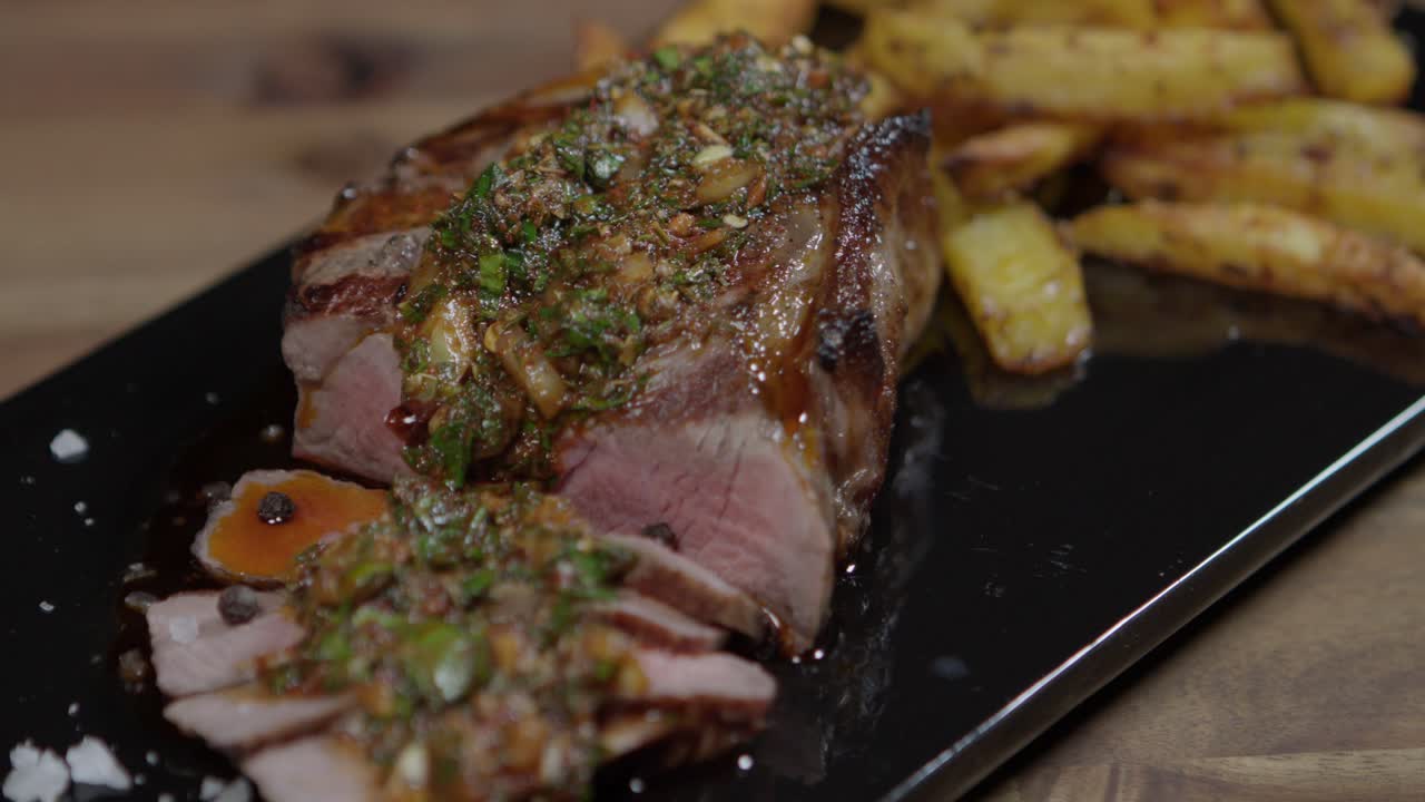 carne a la parrilla con salsa chimichurri y papas fritas, de cerca