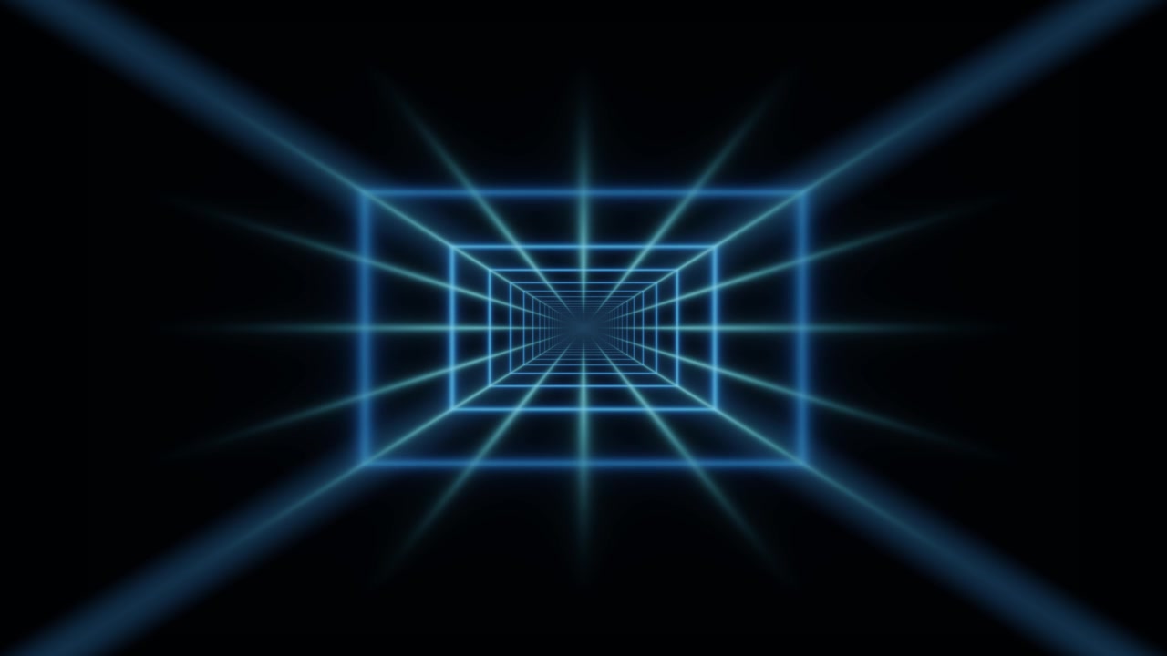 Glowing blue grid lines form a three dimensional tunnel effect against a dark background. The lines create depth and a sense of movement, suitable for dynamic projects