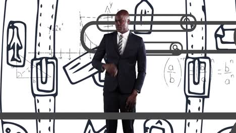 Animation of african american businessman on white background with graffiti and math symbols