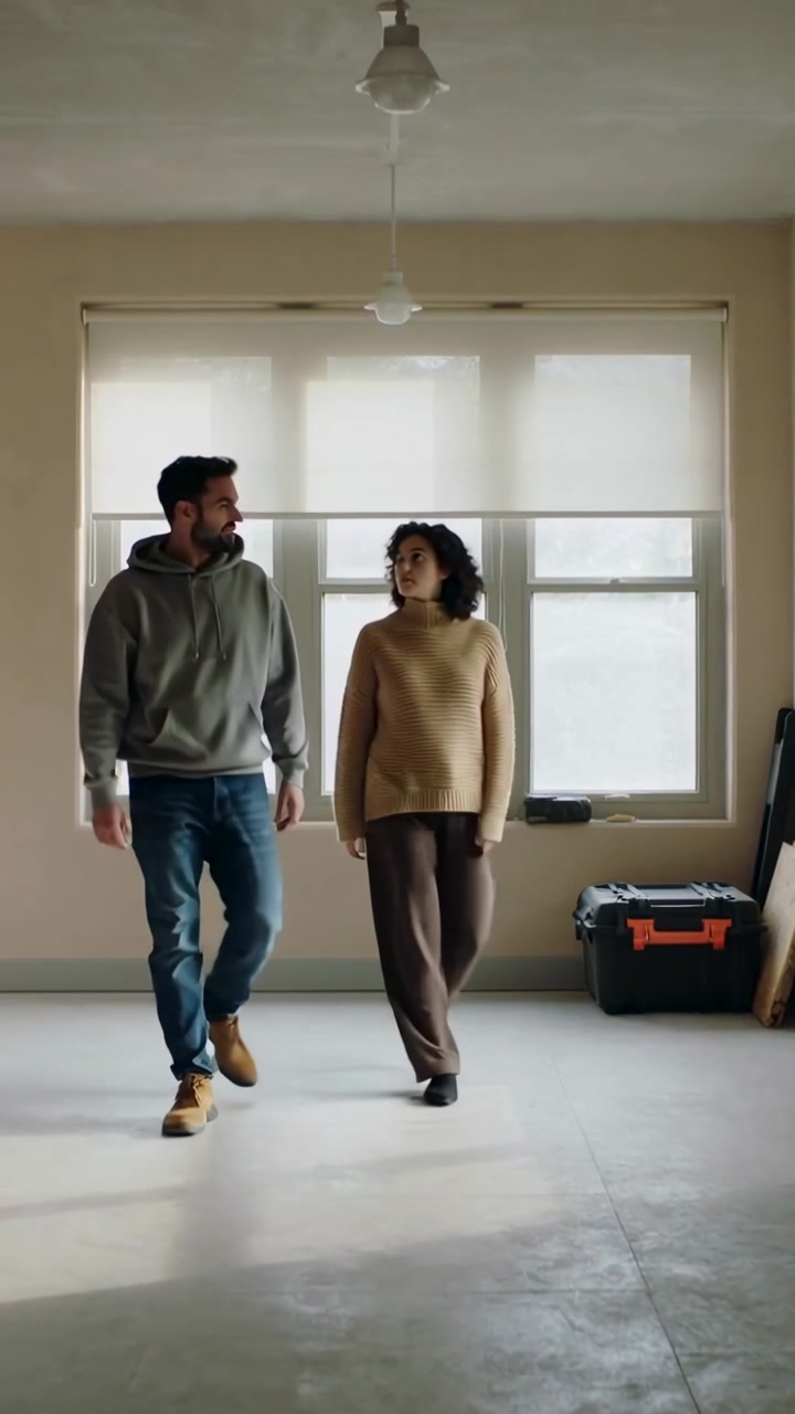 Video verticale: Coppia che entra in abiti casual camminando a sinistra nella stanza ispezionando la finestra, con una cassetta degli attrezzi.