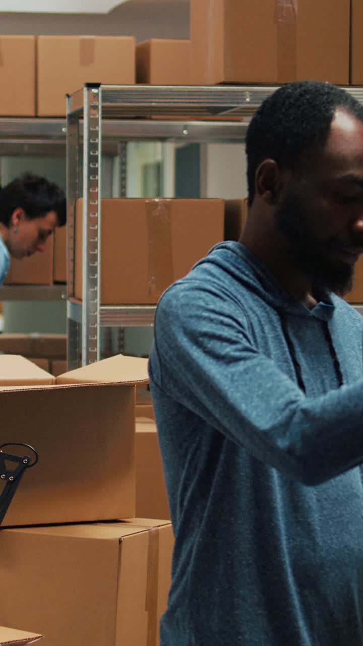 Vertical video: African american man scanning warehouse produucts with tablet and scanner