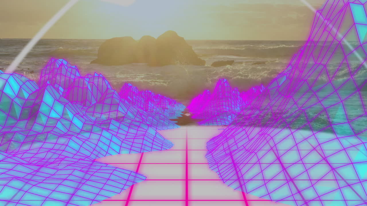 Animation of vibrant mountains and neon grid landscape over ocean at sunset