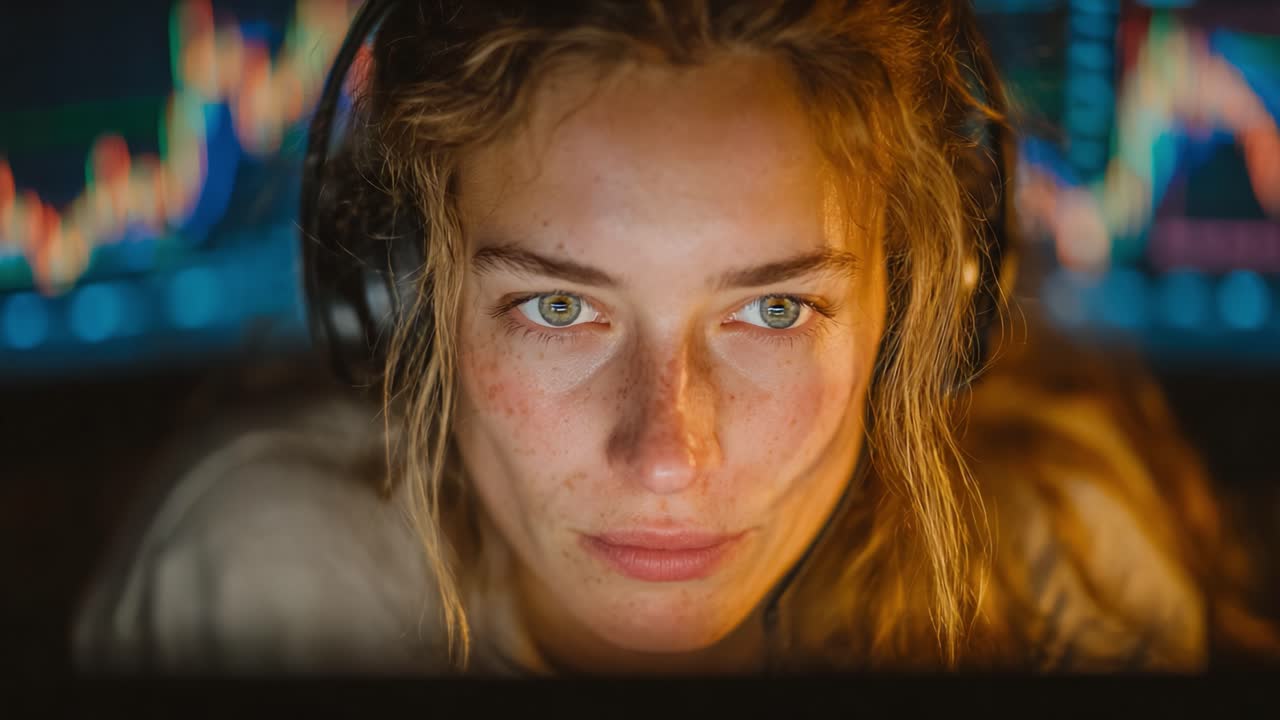 Focused on the Future: A Young Woman Analyzing Market Data and Trends in a Dynamic Financial Environment, Immersed in Her Screens for Insights