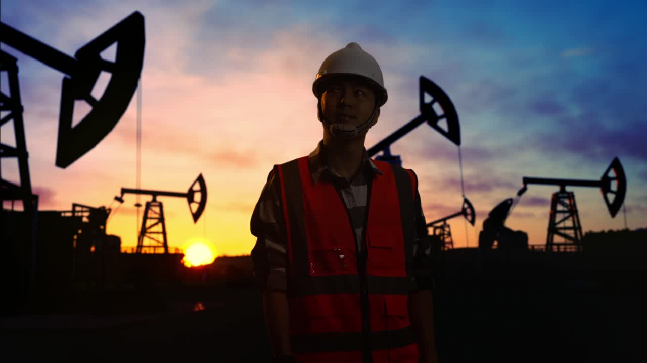 ingeniero de campos petrolíferos al atardecer