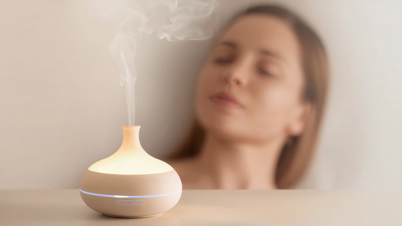 Powering on essential oil diffuser emitting mist on bedside, soothing reclined woman in casual top