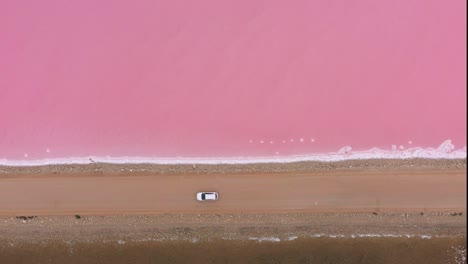 한 쪽에는 갈색 물이 있고 다른 쪽에는 분홍색이 있는 남호주 에어 반도에 있는 맥도넬 호수를 나누는 도로를 달리는 자동차의 오버헤드 항공 샷