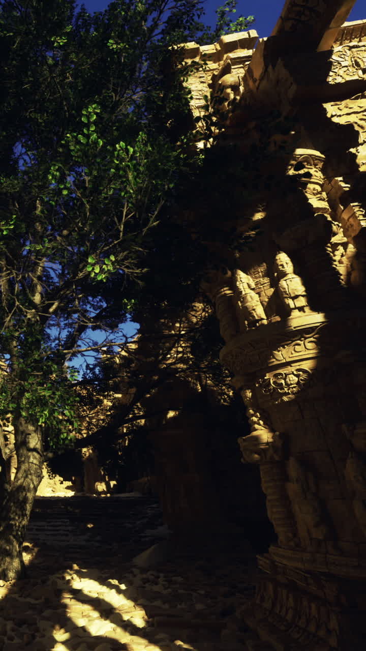 Antica struttura in pietra con alberi e luce solare che mette in risalto il design storico