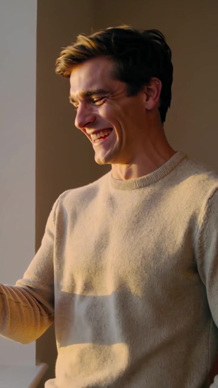 Video verticale: Uomo sorridente con maglione beige che estende il braccio sinistro, inclinando la testa e ridendo a un testo.