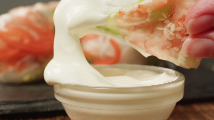 Hand Dipping Fresh Spring Roll into Creamy White Sauce