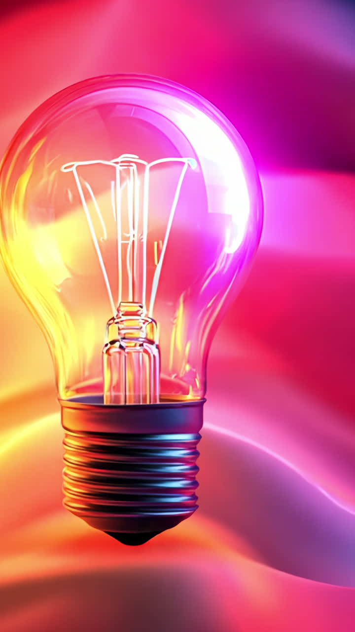 A light bulb is lit up on a purple and pink background. The light bulb is the only object in the image, and it is the main focus. The colors of the background create a dreamy and whimsical mood