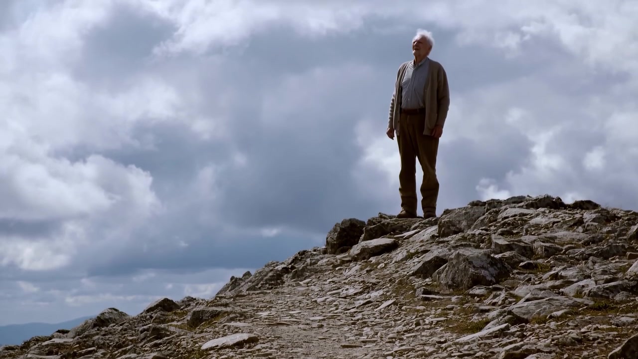 Gray-haired senior stands still near the crest of a rocky trail as the framing reveals his full figure, with layered clouds, distant hills, and rough stones filling the wide outdoor view.
