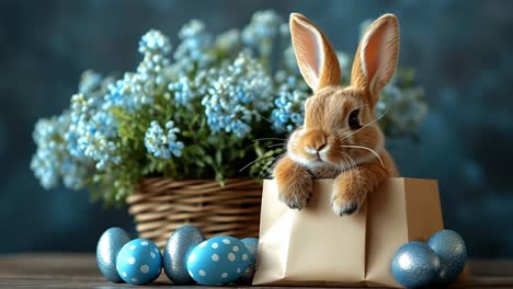 cute easter bunny in a gift bag with eggs and flowers