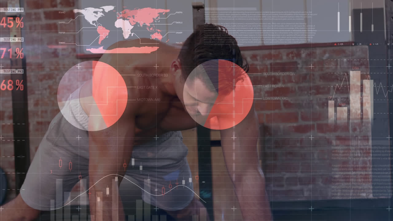 animación del procesamiento de datos y estadísticas sobre el ejercicio de hombres fuertes