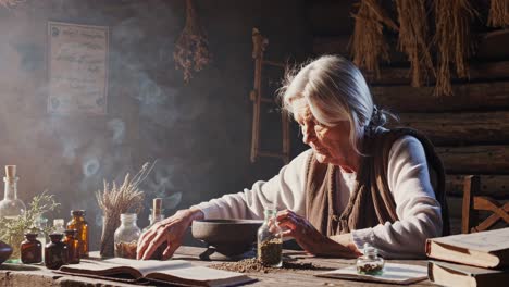 herbalista anciano preparando una poción