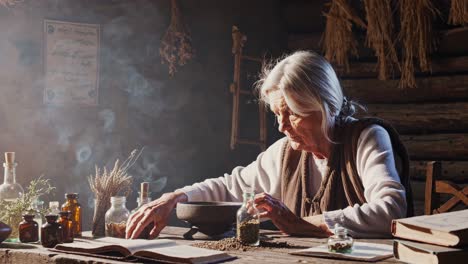 elder herbalist preparing potion