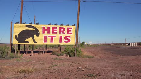 a rabbit themed road sign in the desert says here it is although nothing is there