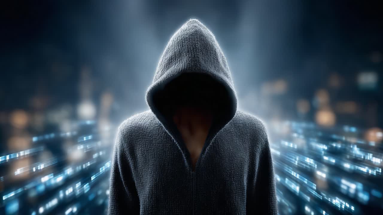 A Mysterious Figure Cloaked in Shadows, Standing Against a Digital Backdrop, Evoking Themes of Intrigue and Technology in a Futuristic Setting