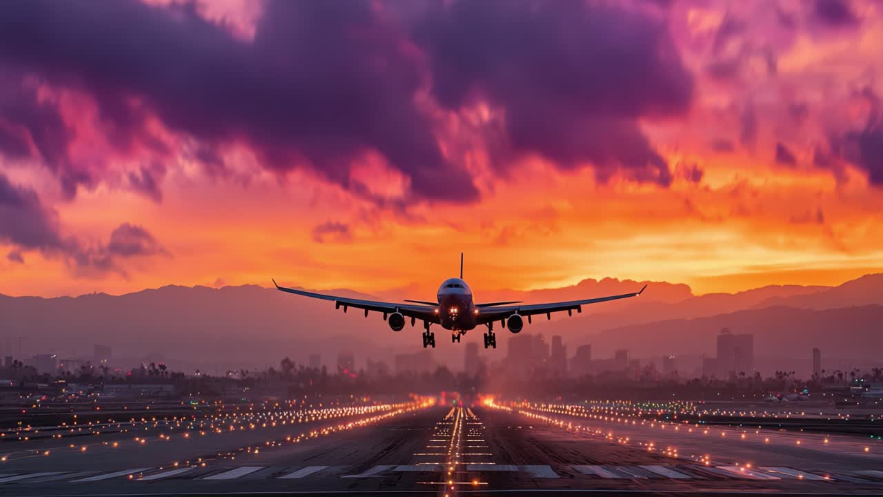 A Captivating Sunset Flight: An Airplane Approaching Landing Amidst a Vibrant Sky Filled with Colorful Clouds and a Dimming Horizon