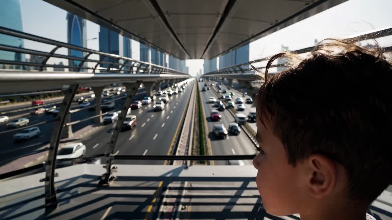 Tourist with messy hair observing the heavy traffic on Sheikh Zayed Road in Dubai, United Arab Emirates, from a modern pedestrian bridge, with skyscrapers in the background