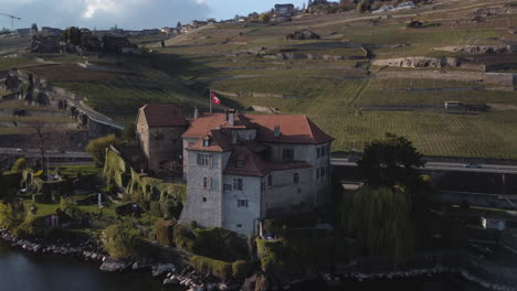 fast aerial orbit shot of an old castle winery along lake geneva in rivaz, switzerland