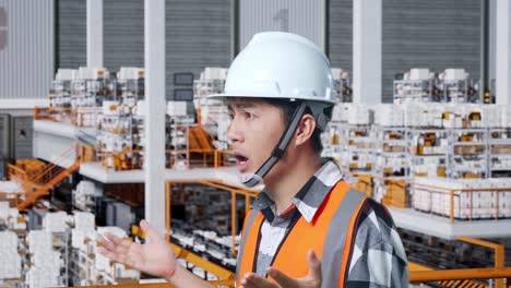 close up side view of asian male engineer with safety helmet standing in the warehouse with shelves full of delivery goods. wondering and saying why working doubtfully in the storage