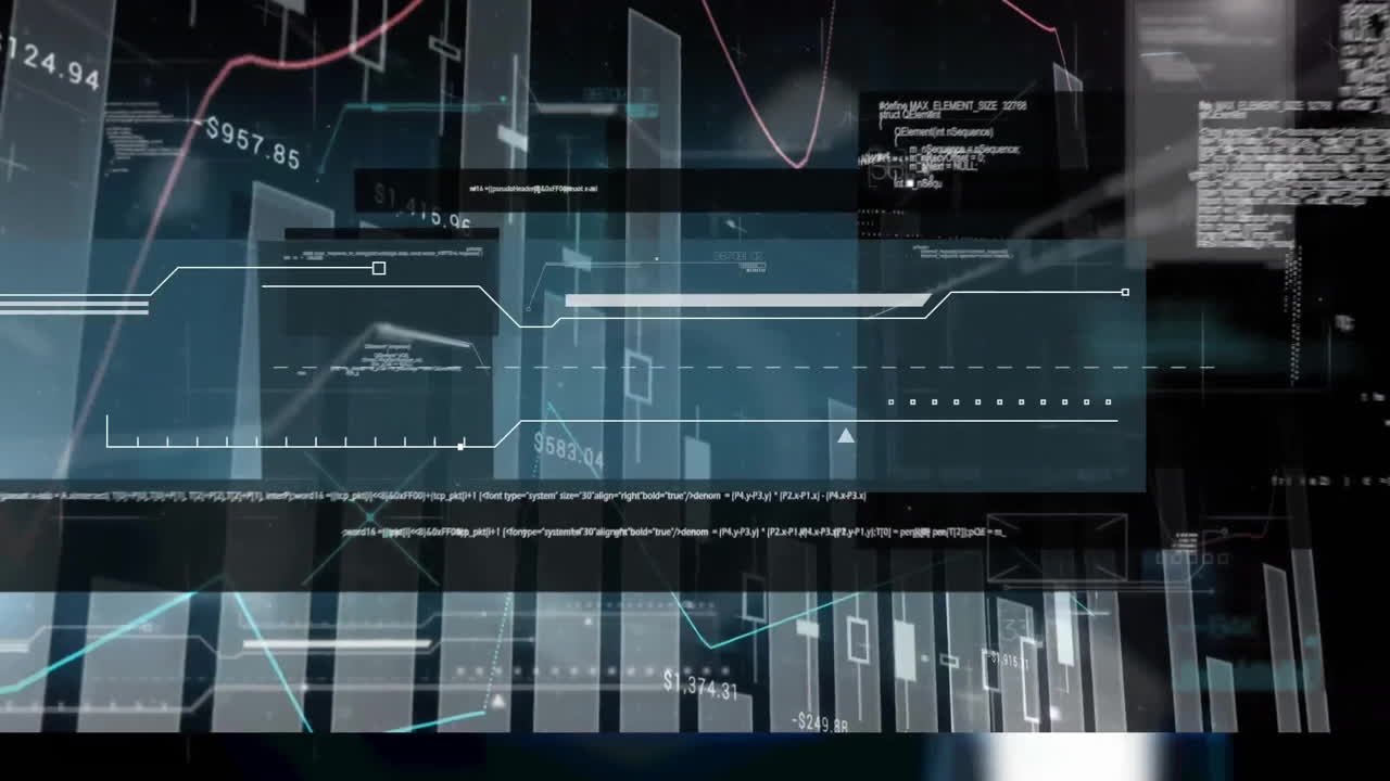 Animation of data processing over statistics on black background