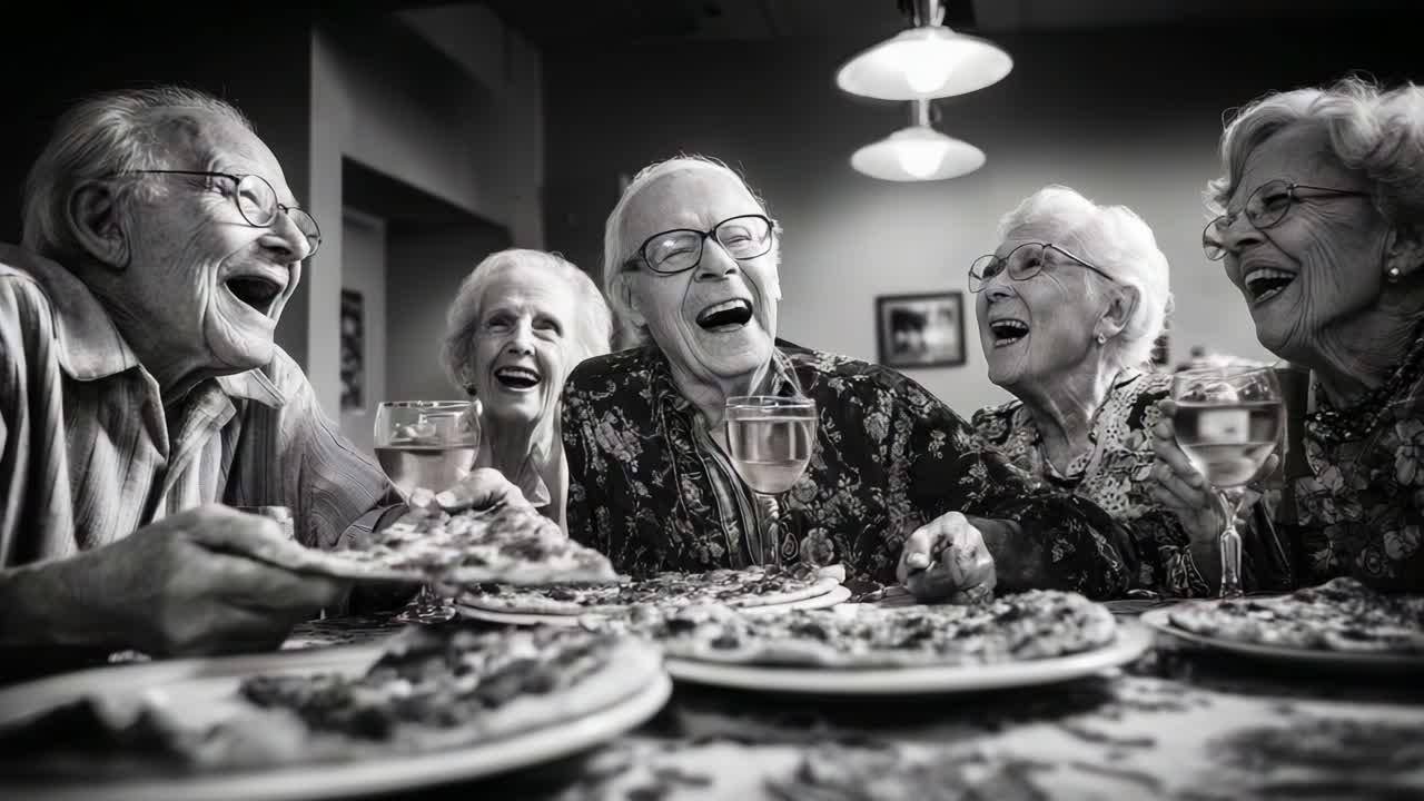 A Joyful Gathering of Elderly Friends Enjoying Pizza and Laughter at a Cozy Diner, Sharing Stories and Memories over Delicious Food and Moments of Happiness