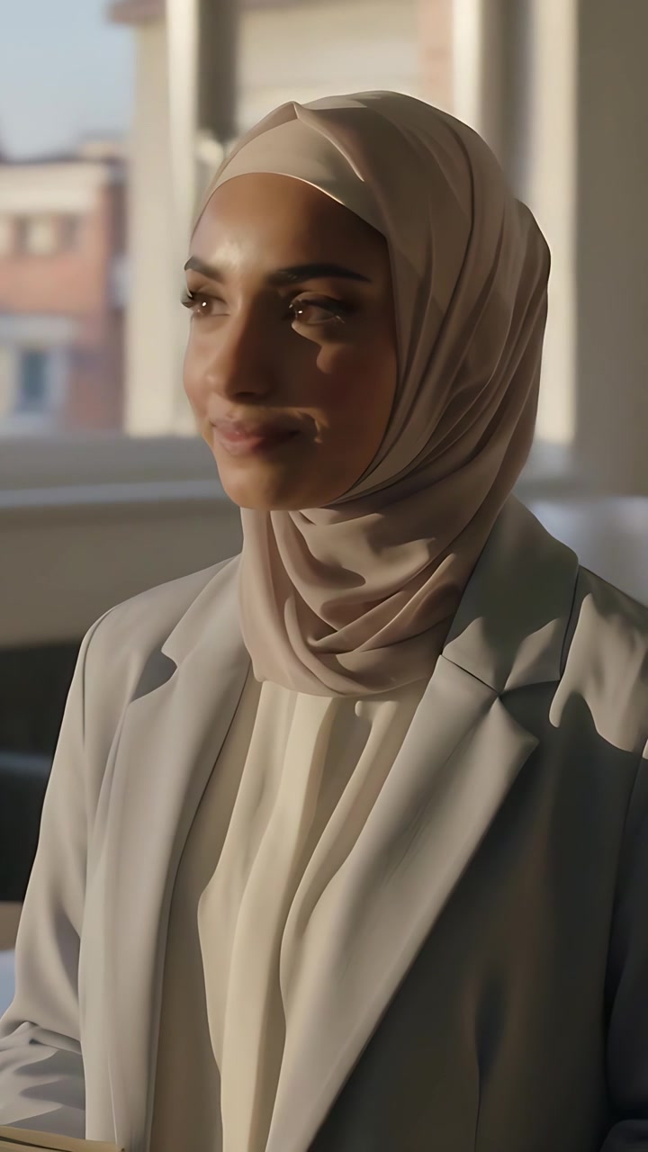 Vertikal video: Kvinde i hijab og blazer vender sig, reagerer på varm sol nær vindue, med plante.