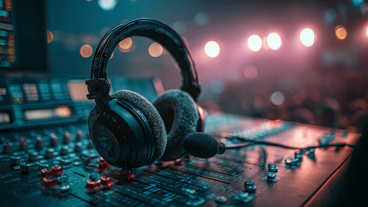 A Close-Up View of Professional Audio Headphones Resting on a Music Mixer Console with Vibrant Stage Lights Blurring in the Background